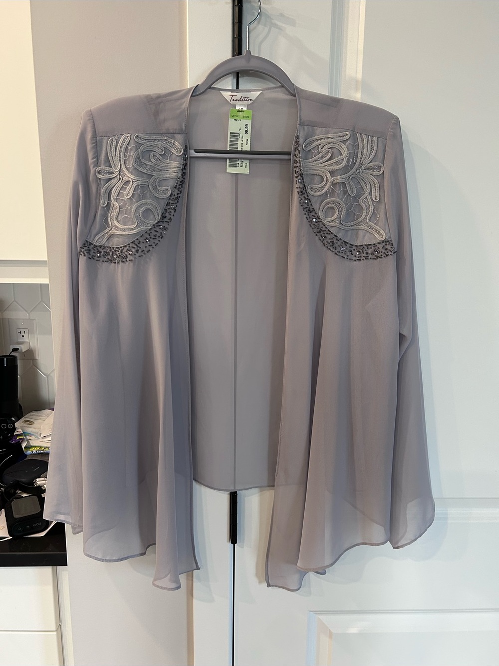 NWT VintageTradition Gray Beaded Sheer Open Front Jacket Evening Cover Up Duster